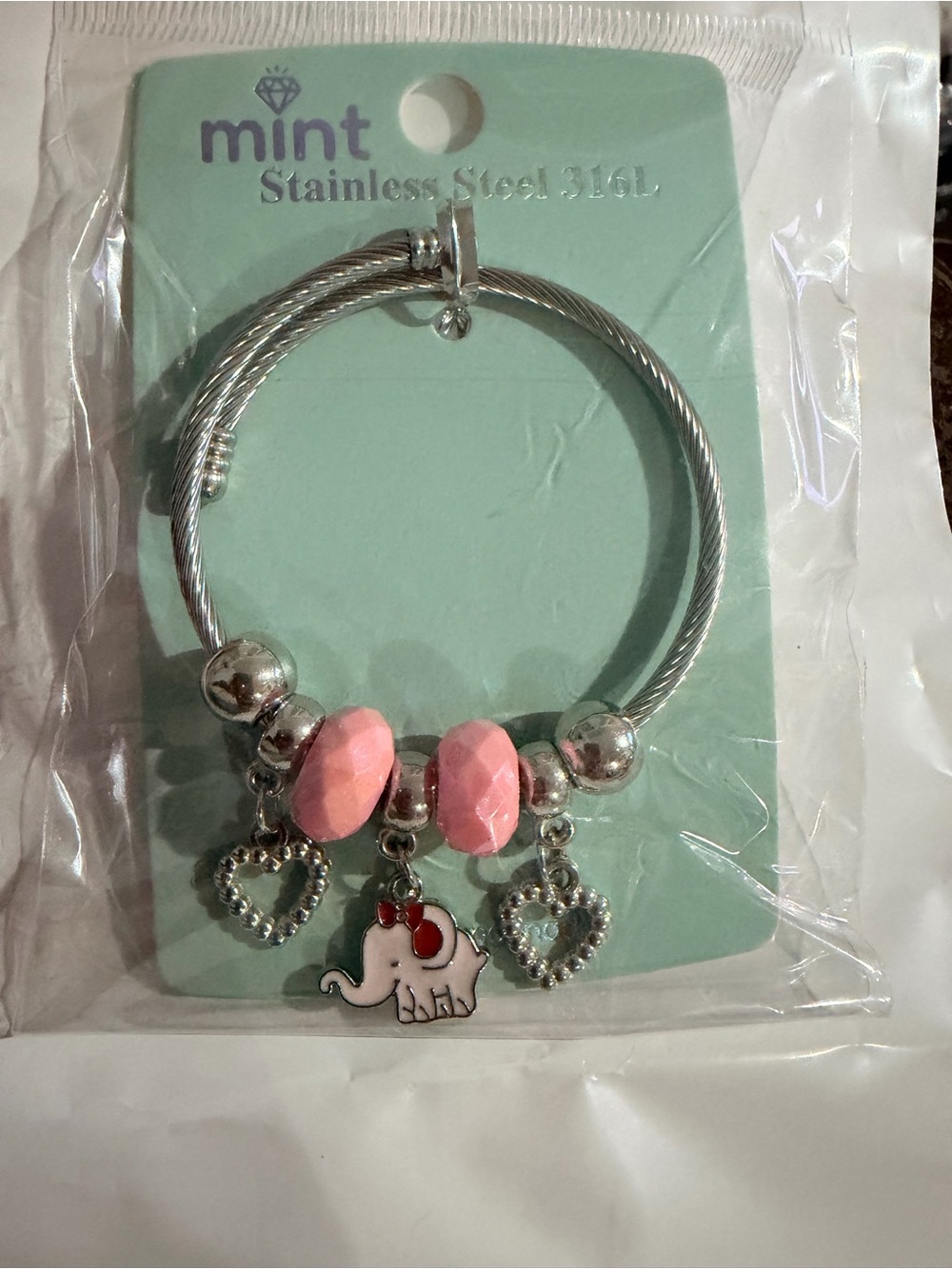 Mint Pink Beaded Elephant Charm Bracelet